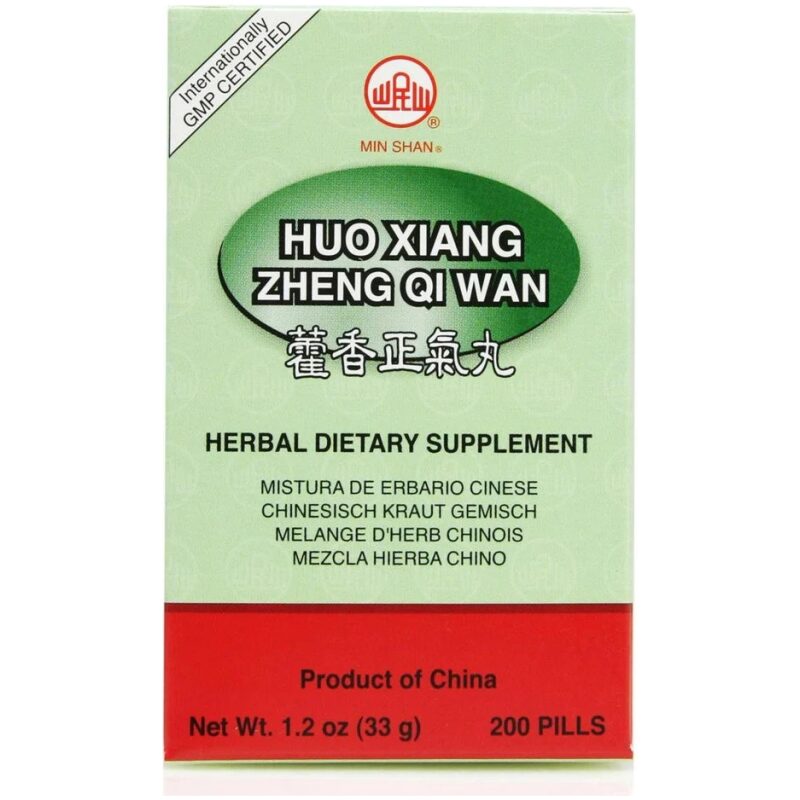 Package of Huo Xiang Zheng Qi Wan teapills from min shan