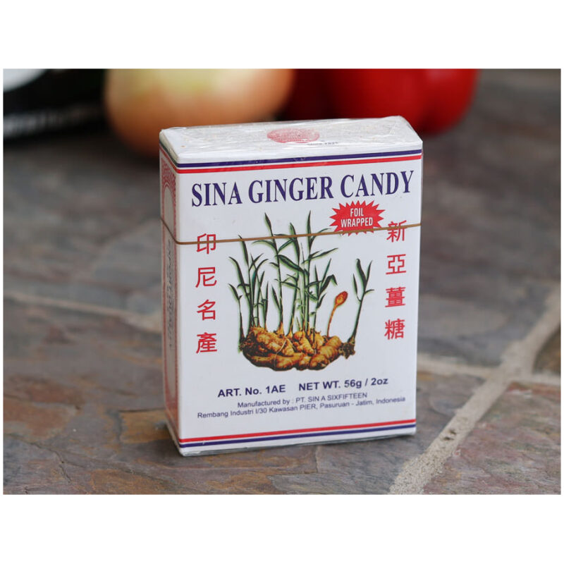 A box of Sina Ginger Candy on a table