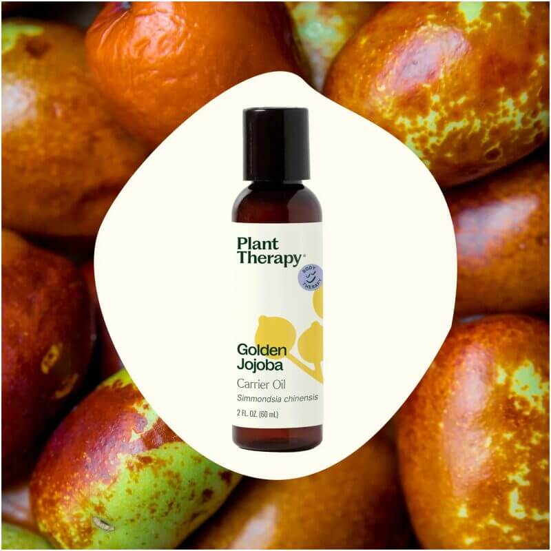 A bottle of Plant Therapy Golden Jojoba Carrier Oil with fruit