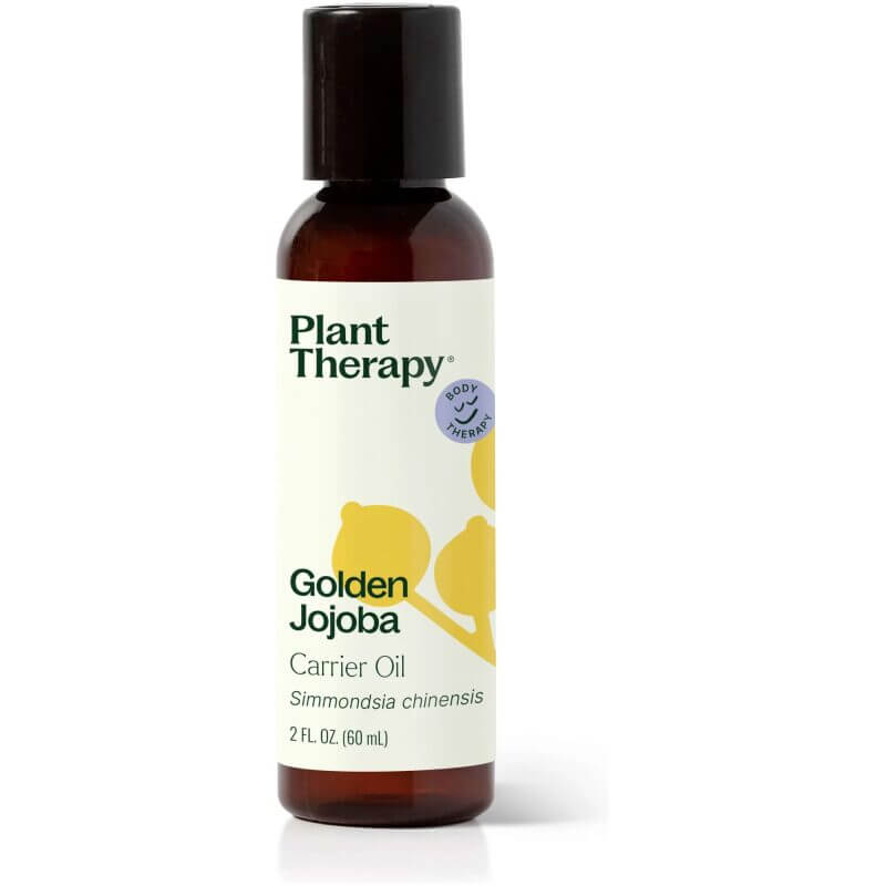 A bottle of Plant Therapy Golden Jojoba carrier oil on white background