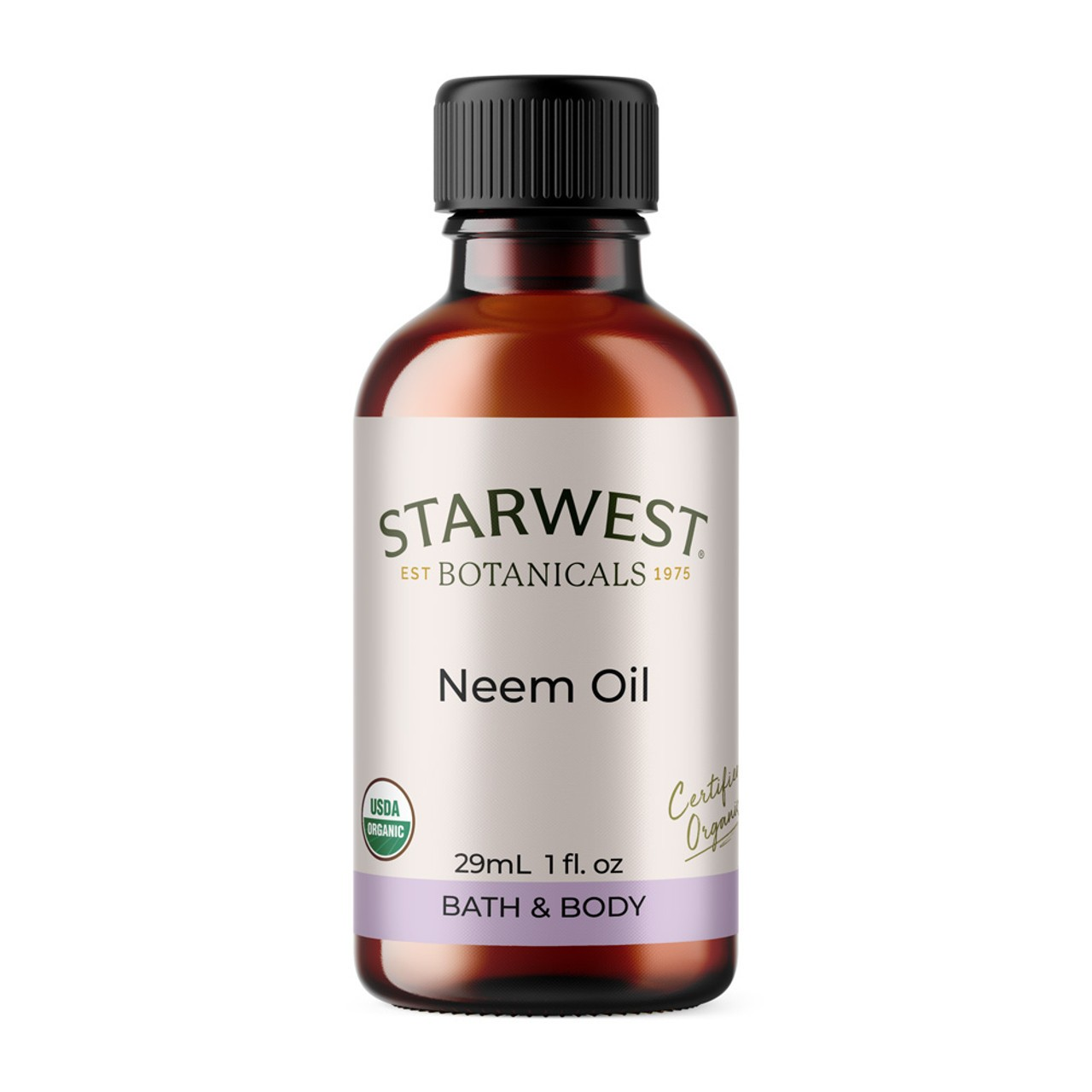 A 1 fl. oz bottle of organic Neem oil from starwest botanicals