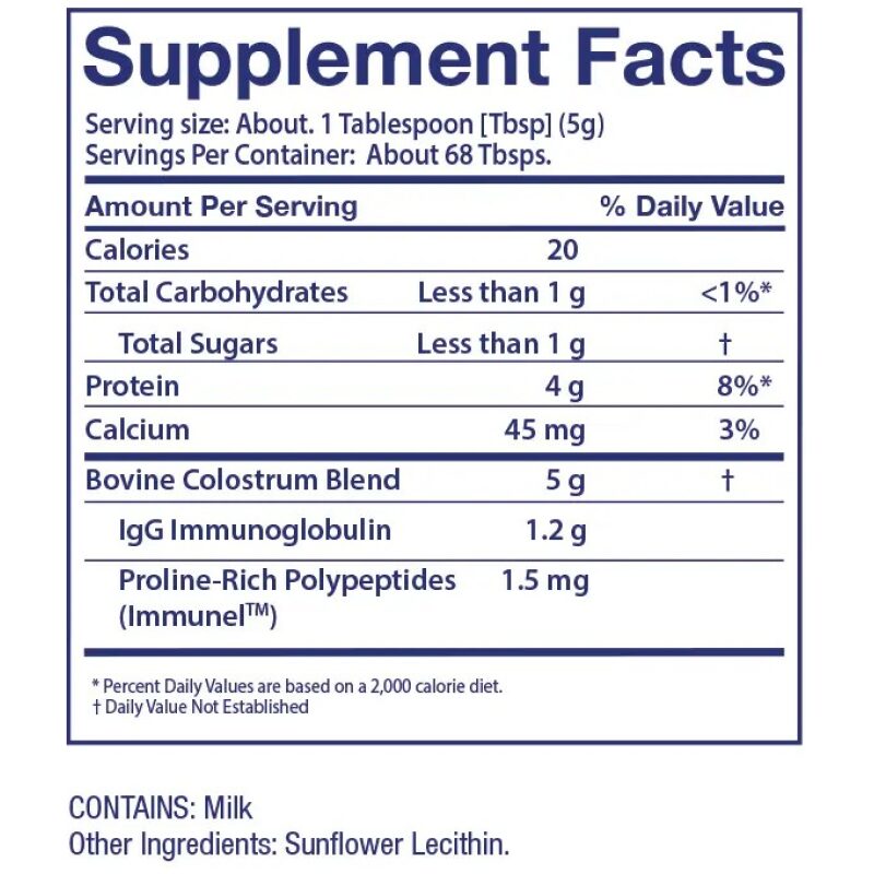 Supplement facts for GastroDefense pro colostrum-ld